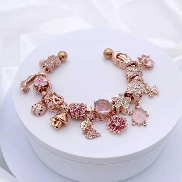 Linx Rose Gold Stainless Steel Open Bangle with Pink Themed Charms